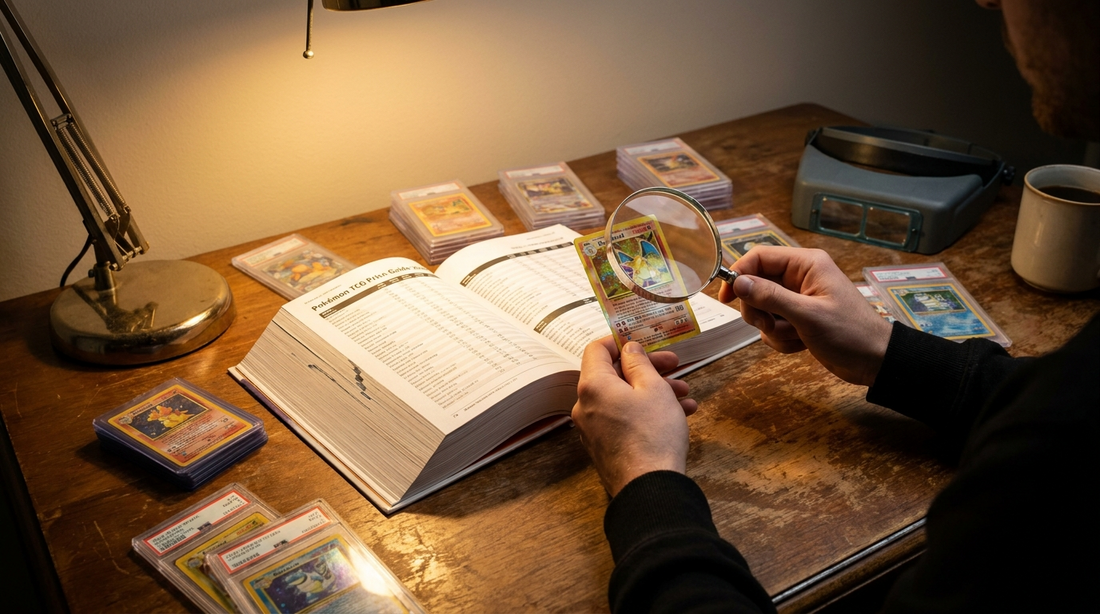 Pokémon Karten Wert ermitteln – Sammler prüft Karte mit Lupe und Preisbuch