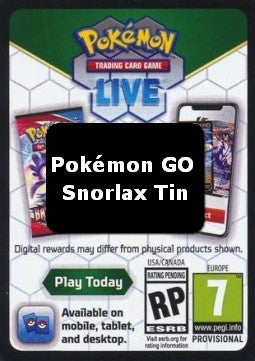 Live Code Card (Snorlax Tin) - Pokémon GO (Online Code Card)