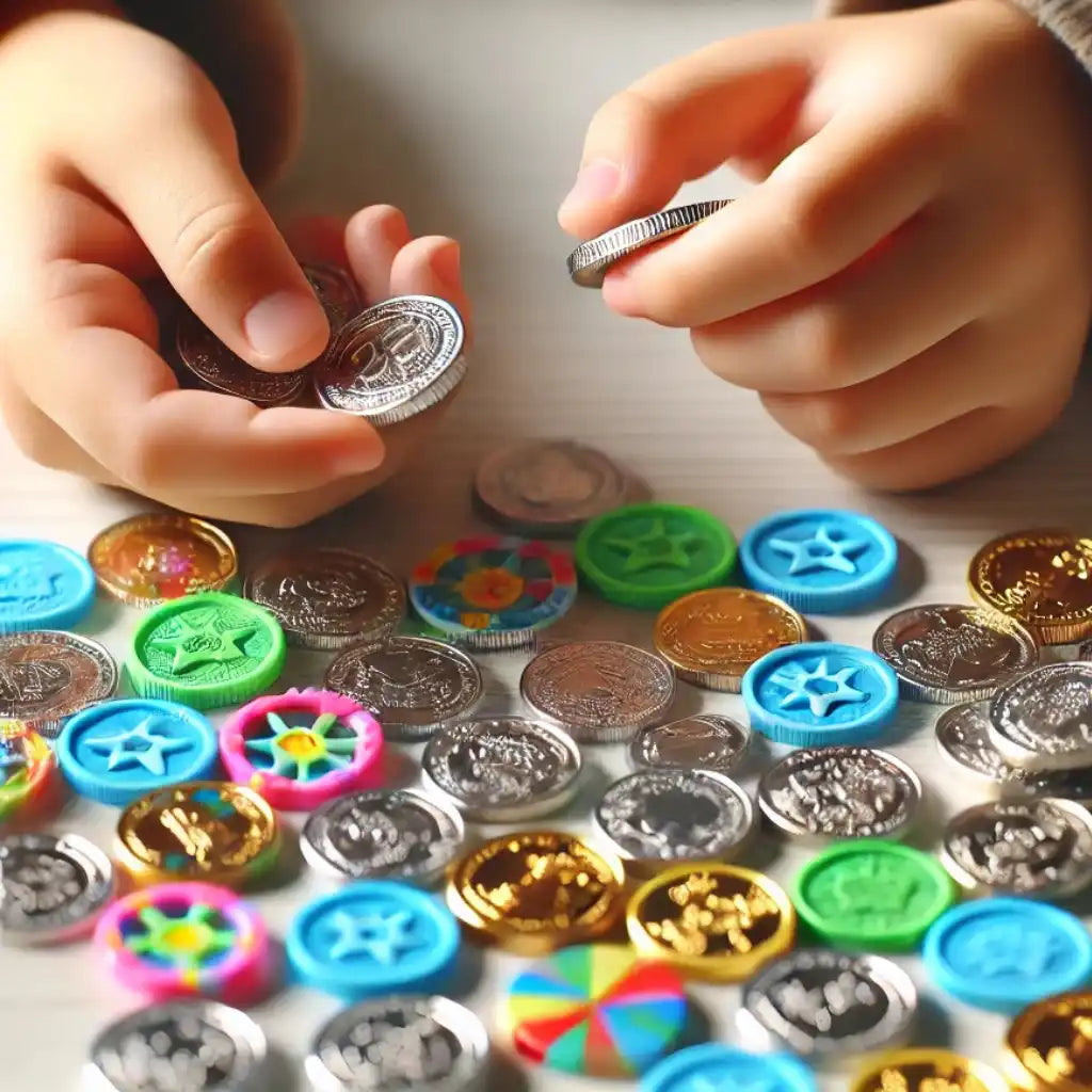 Bunte Sammlung von Spielmünzen und Tokens wird behandelt.