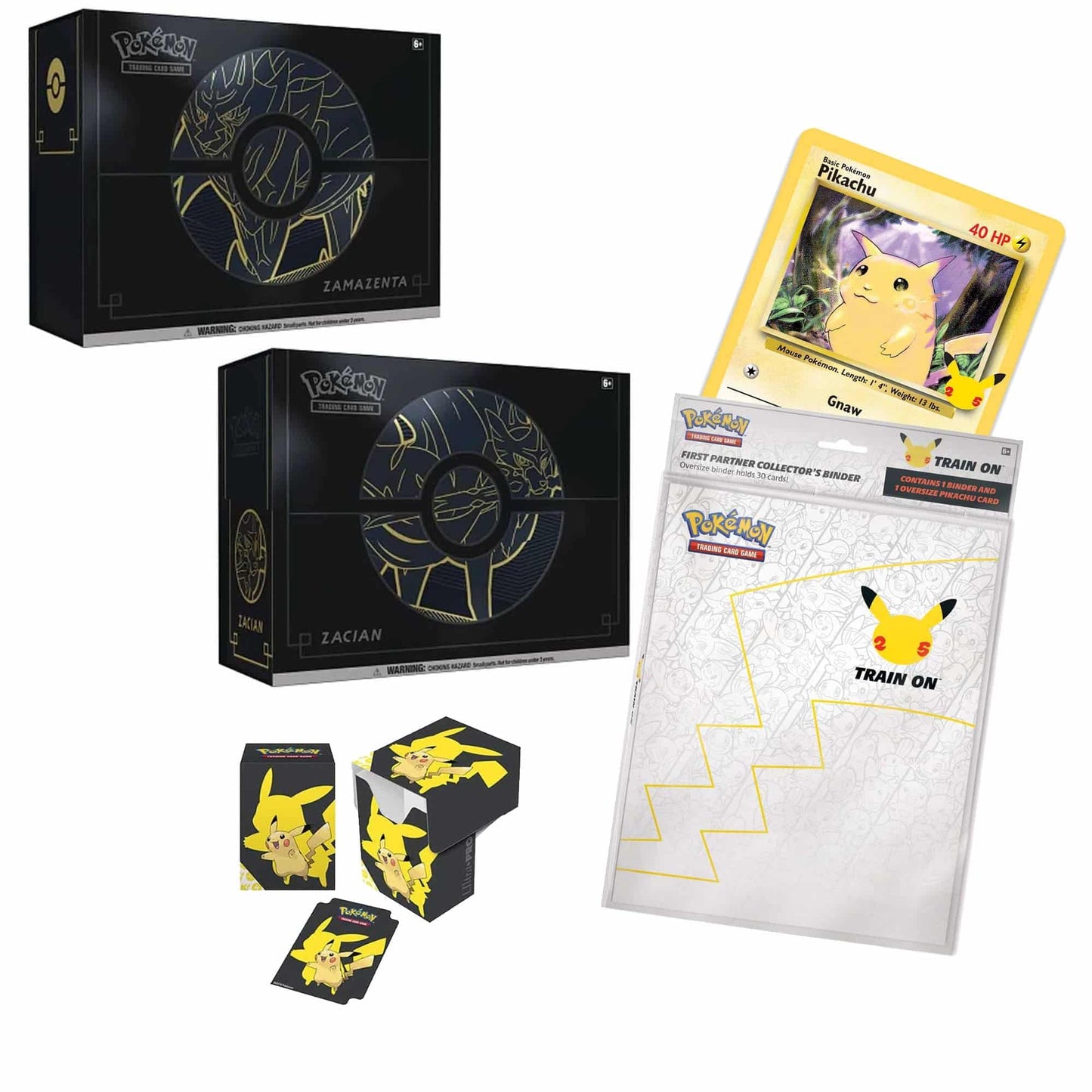 Pokemon Bundle Zacian / Zamazenta Elite Trainer Box Plus + Pikachu Deck Box + Pokemon 25th Anniversary Album Bundle